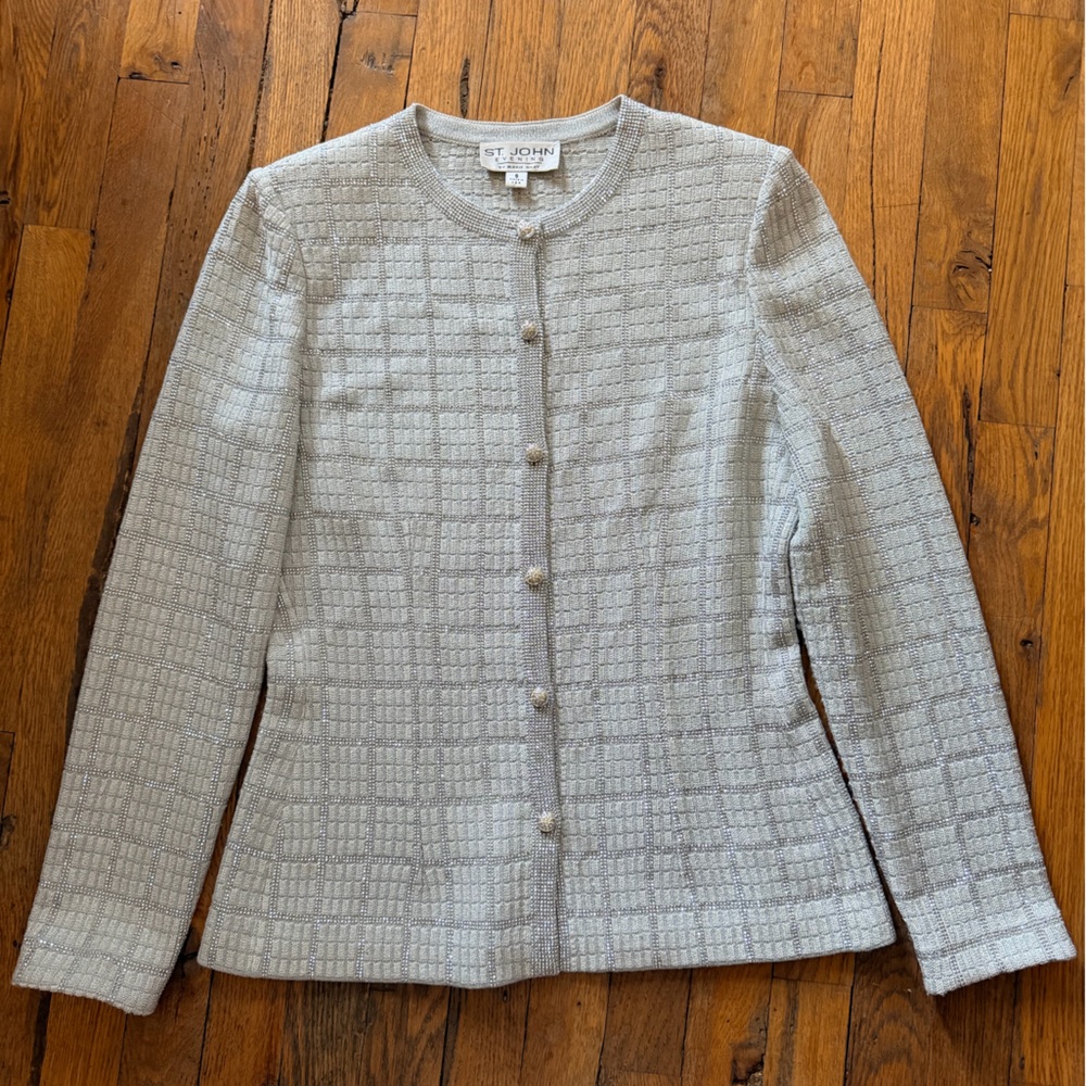 St. John Silver Embellished Cardigan with Rhinestone Detail & Metal Buttons Sz 6